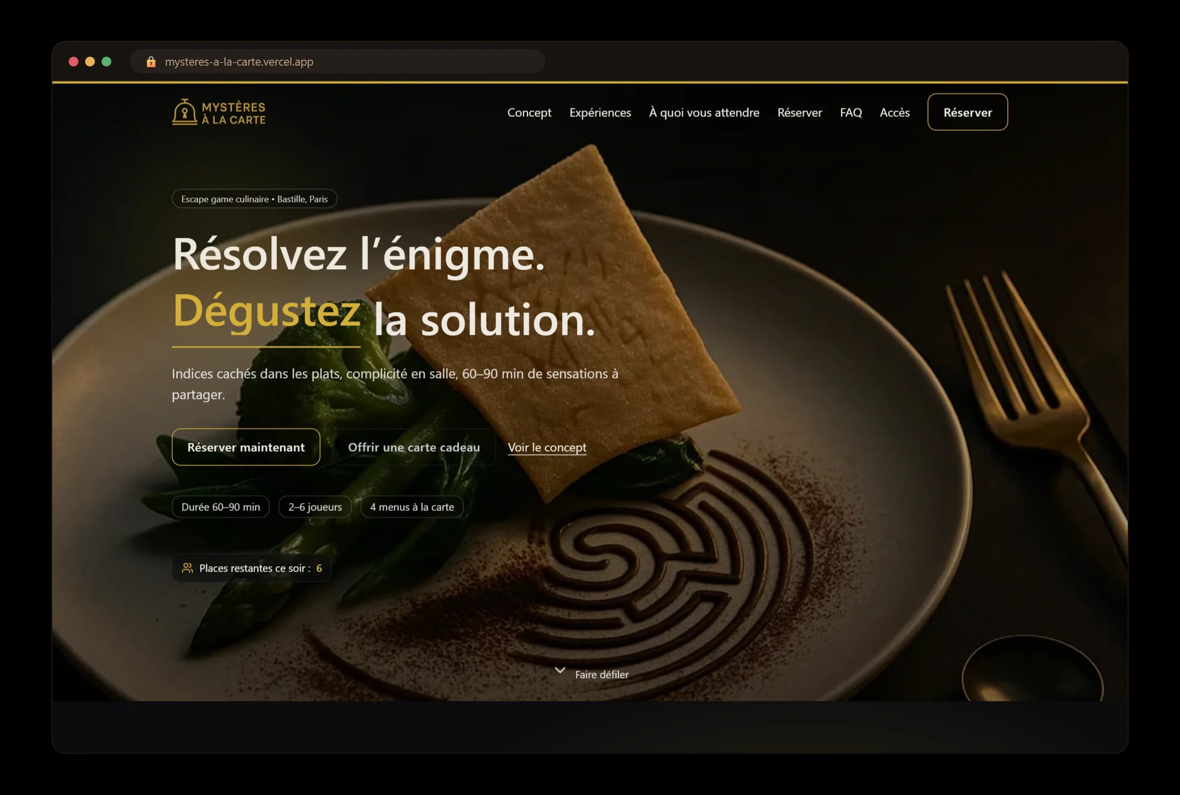 Le site Mystères à la carte affiché dans un navigateur