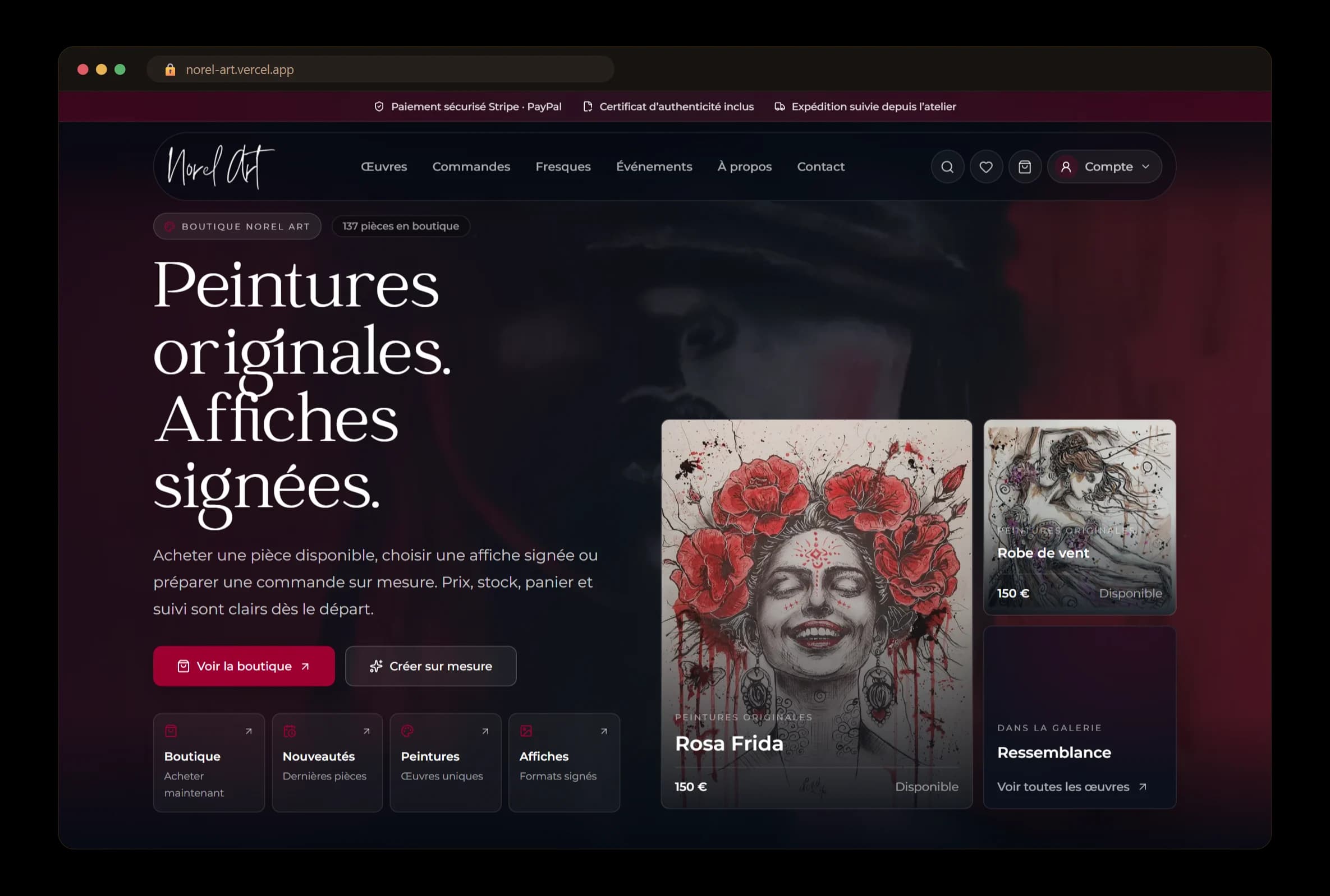 Le site Norel Art affiché dans un navigateur