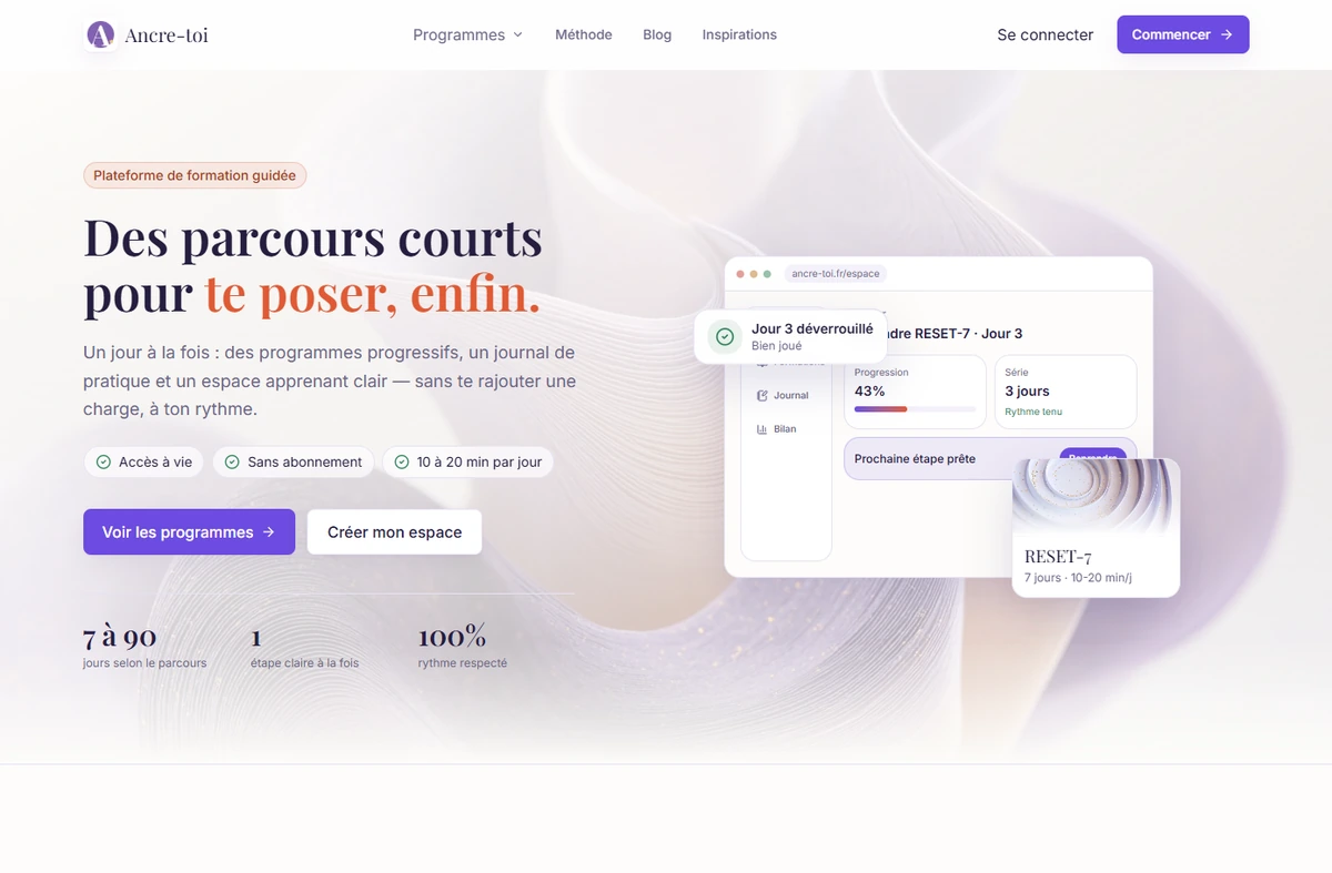Accueil d'Ancre-toi présentant les parcours guidés et l'espace apprenant