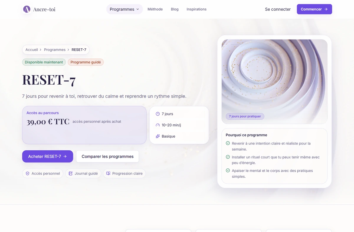Programme RESET-7 avec sa durée, son prix et ses objectifs