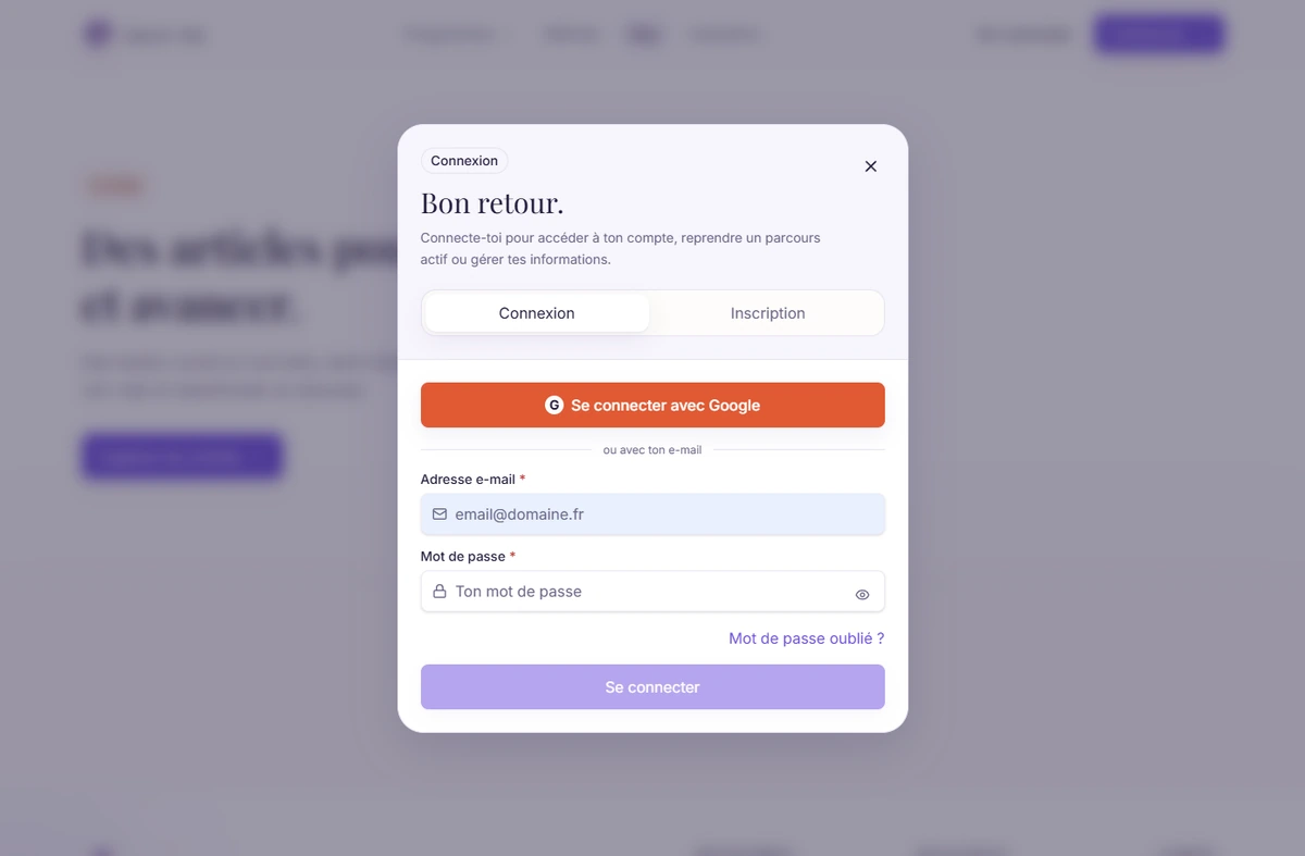 Fenêtre de connexion à l'espace apprenant Ancre-toi