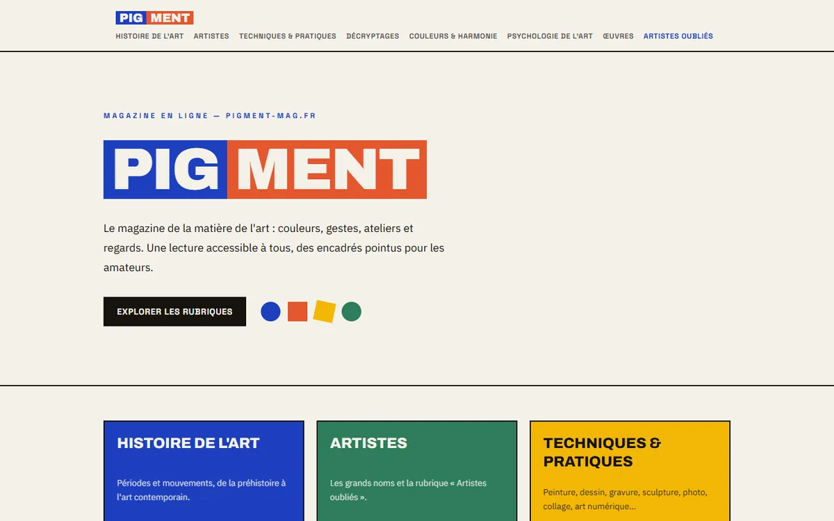 Accueil de Pigment et ses rubriques consacrées aux arts visuels