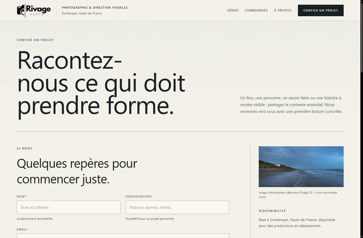 Formulaire de brief de Rivage Photo pour confier une commande
